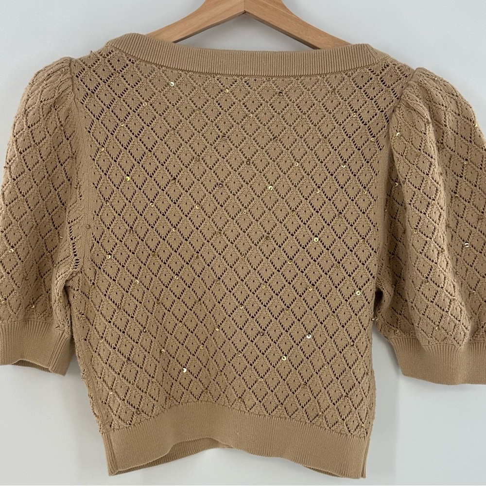 NWT Alice + Olivia Romi Cropped Embellished Pointelle-Knit Cardigan Sand Size S - Picture 2 of 9